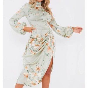 PrettyLittleThing Sage Green Floral Twist Bust Draped Midi Dress